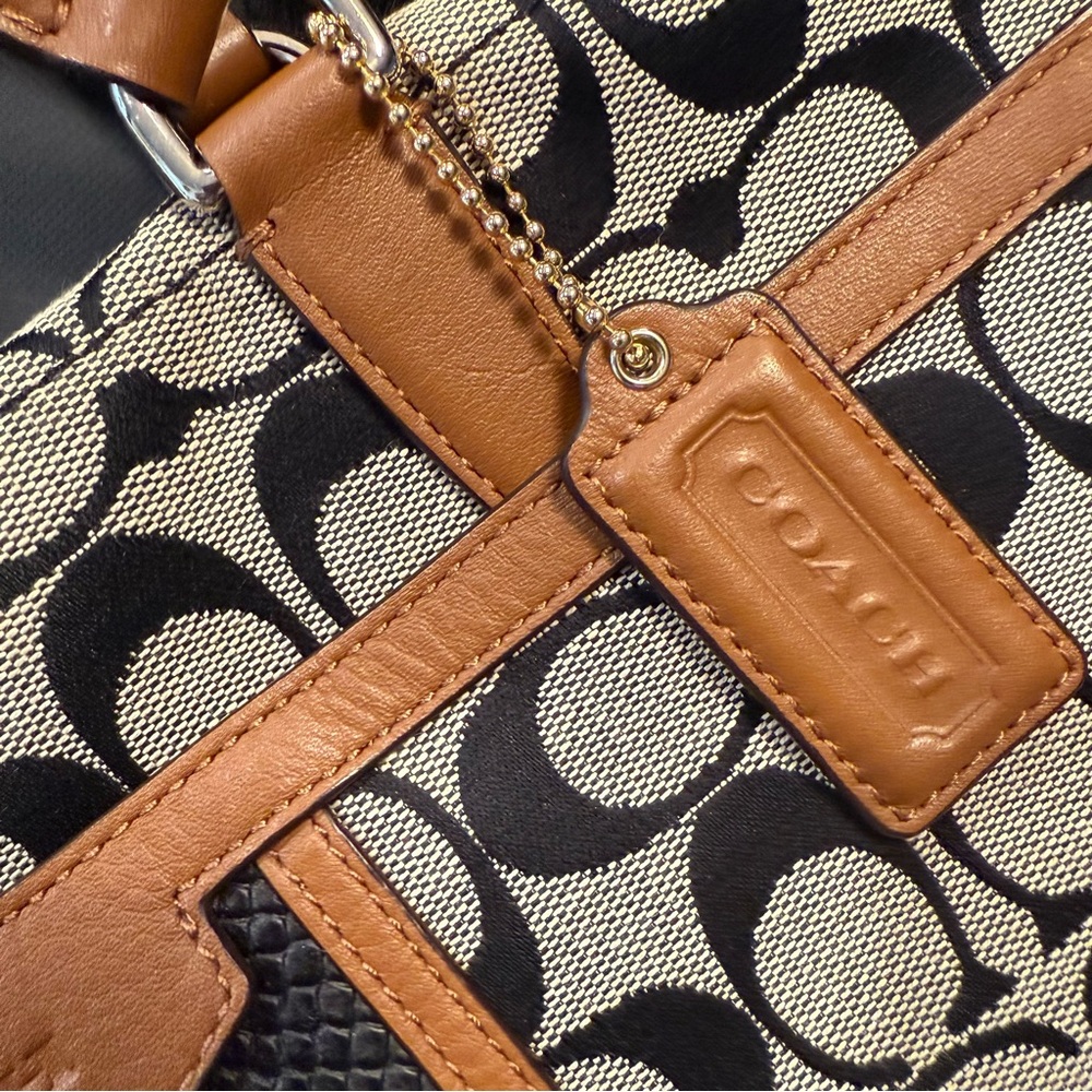 Coach Black Cream Signature Canvas Tote with Brown Leather Trim - Picture 6 of 12